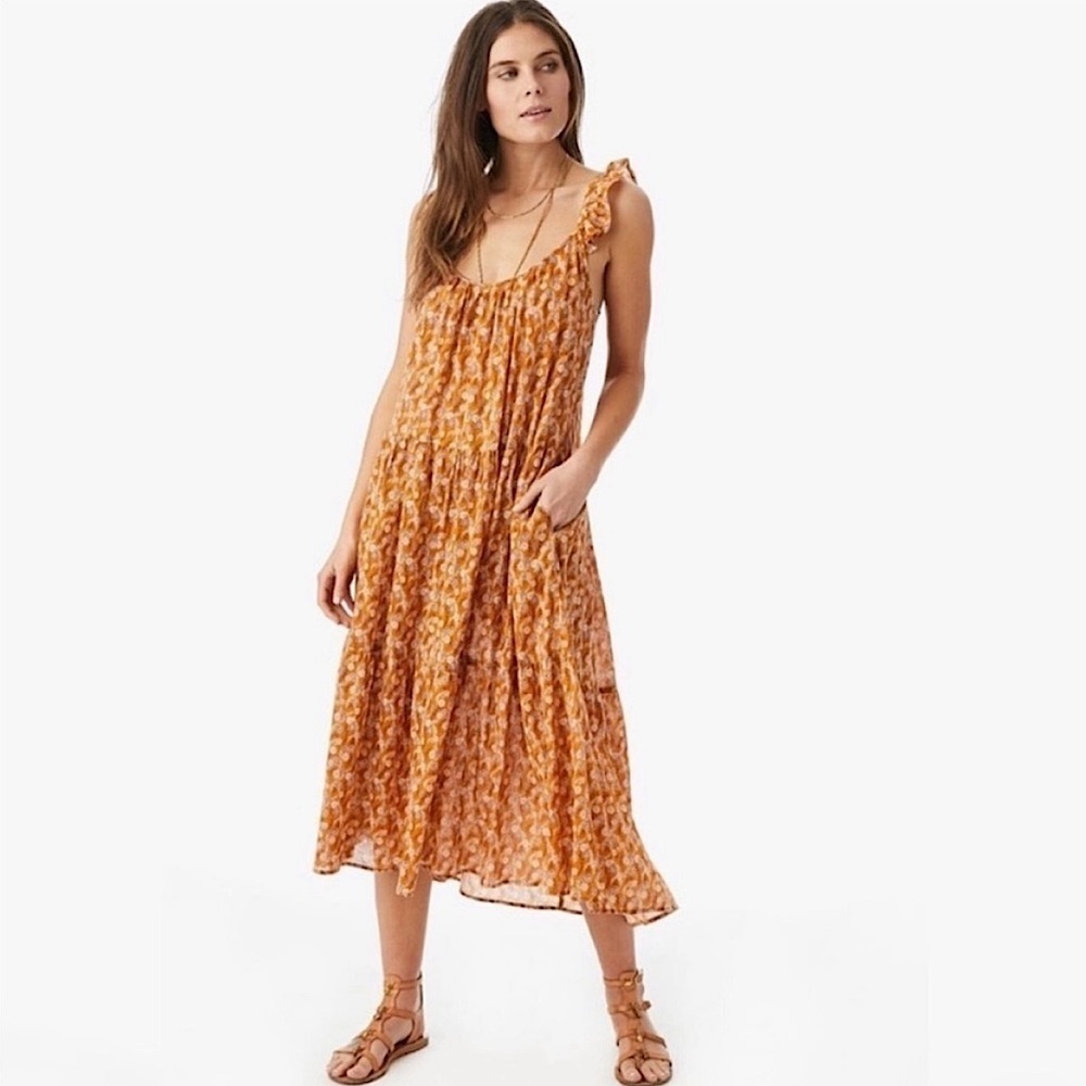 Xirena Rumer Scoop Neck Flutter Sleeve Tiered Midi Dress Laurel Floral Orange L‎